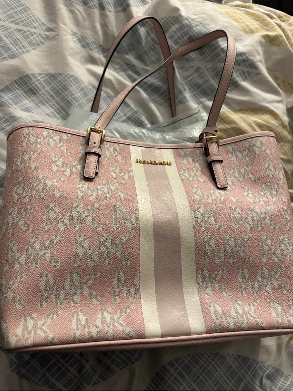 Michael Kors Pale Pink Signature Stripe Tote with White Center Stripe